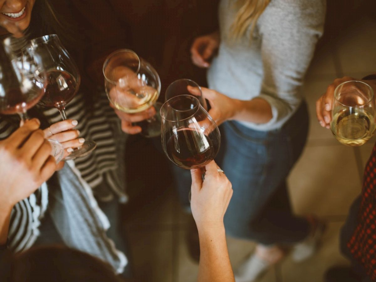 A group of people gather, toasting with glasses of wine, suggesting a social event or celebration.