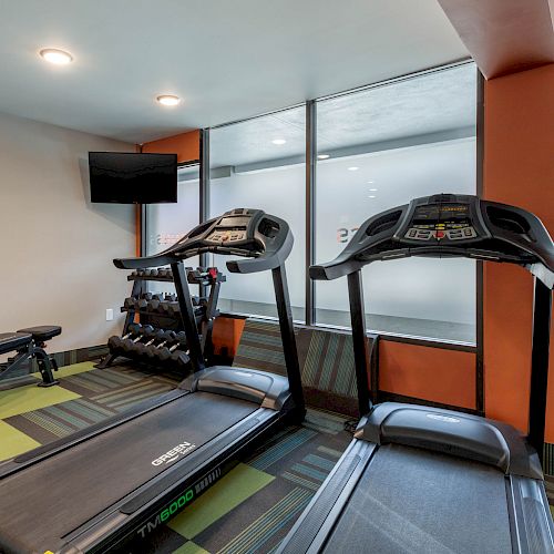 The image shows a small gym with two treadmills, an adjustable bench, a rack of dumbbells, a TV, and a water cooler.